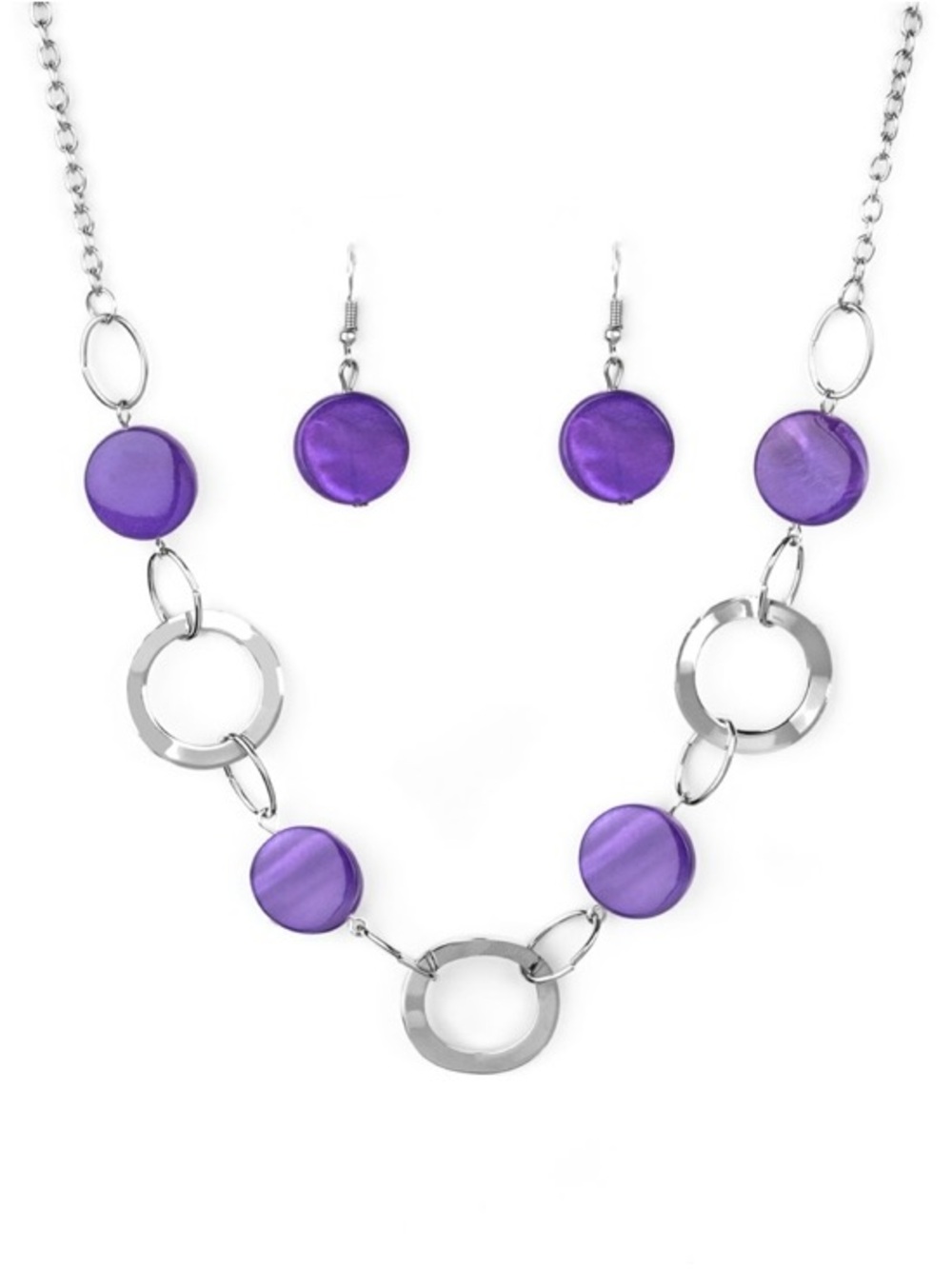 Purple Disc & Silver Ring Necklace and Earring Set